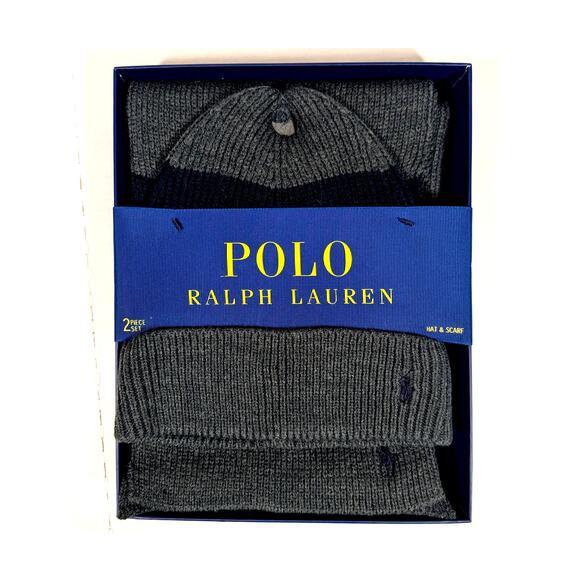 Polo Ralph Lauren Hat and Scarf Set Gray Black Striped Acrylic 2 Piece Gift Set - Picture 1 of 6